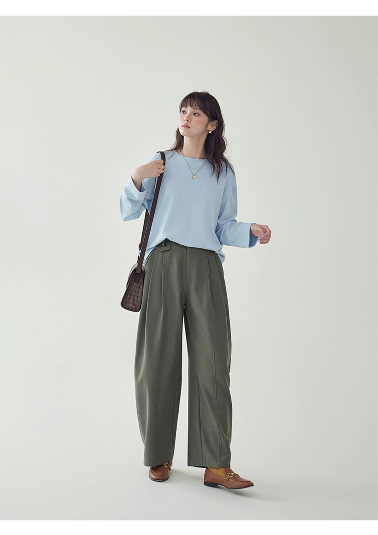 韓系藍線圓領長袖T恤女秋季新款簡約寬鬆上衣