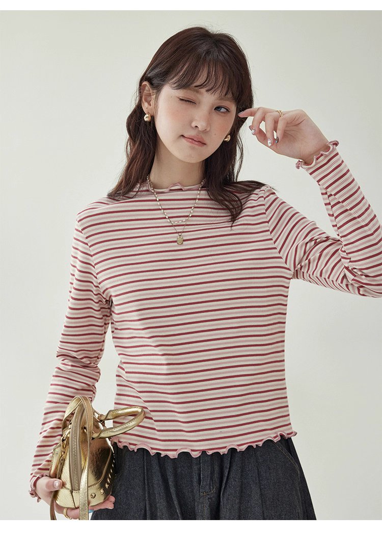 下擺扣條紋兩穿內搭T恤女秋新款花邊長袖上衣