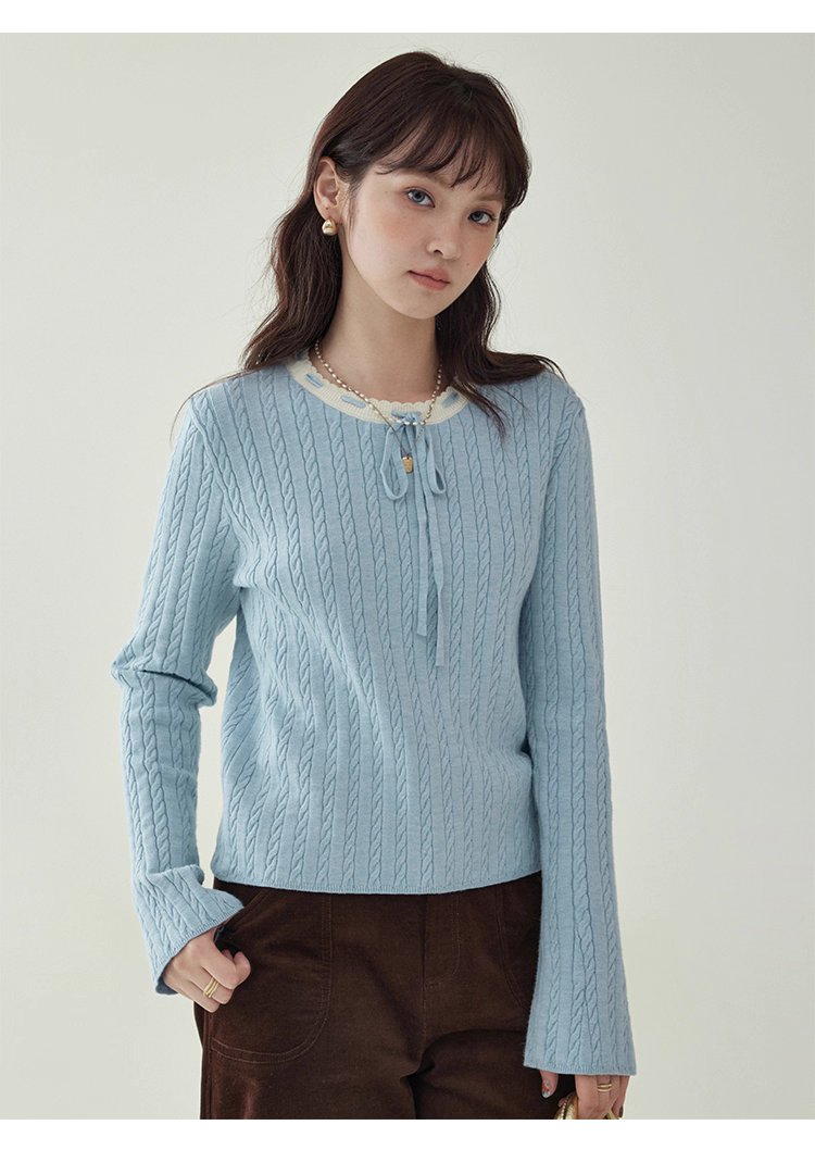 藍色綁帶圓領扭花針織衫女秋季新款百搭長袖上衣
