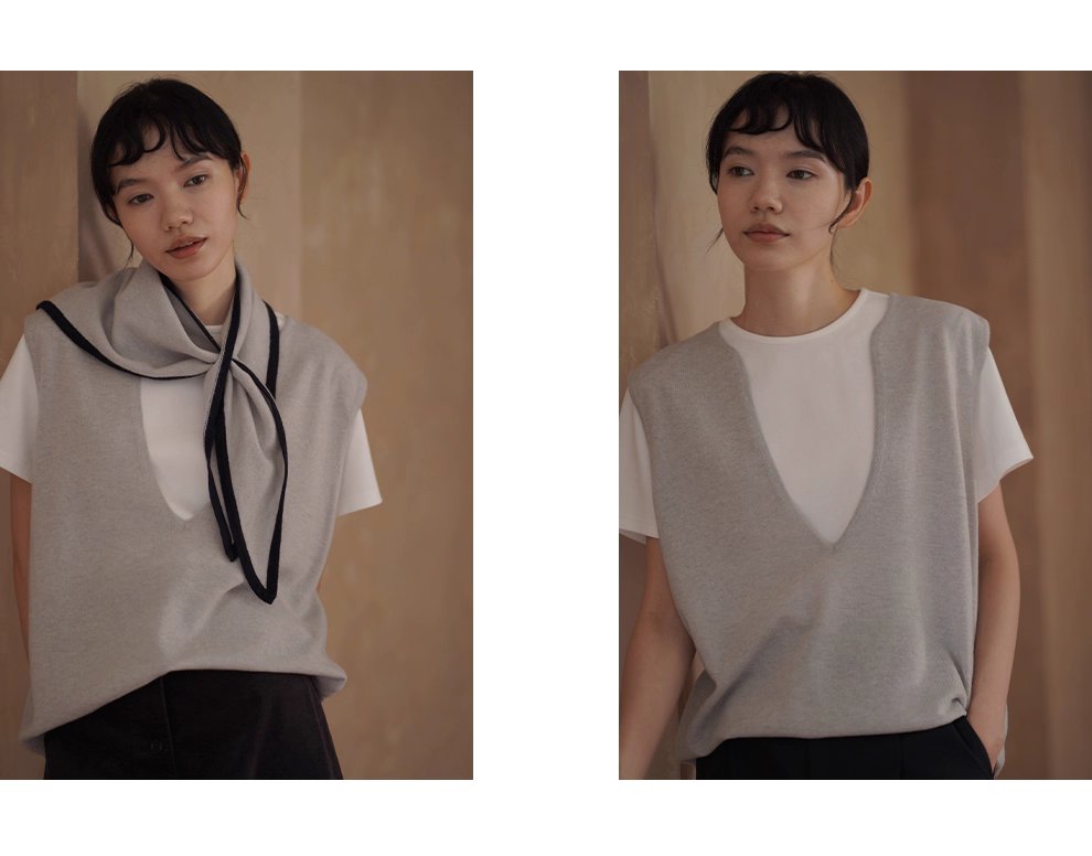 時髦放大鏡100羊毛深v領針織寬鬆疊穿簡約通勤背心女