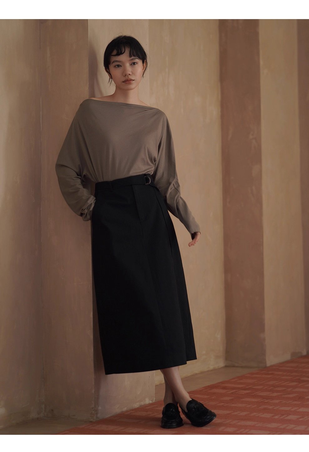 挺括立體棉感直筒高腰通勤顯瘦遮肉可調式腰帶半身裙女