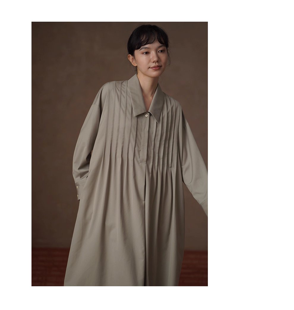 精準定壓塔克線門襟長翻領寬鬆H型顯瘦搭通勤襯衫洋裝