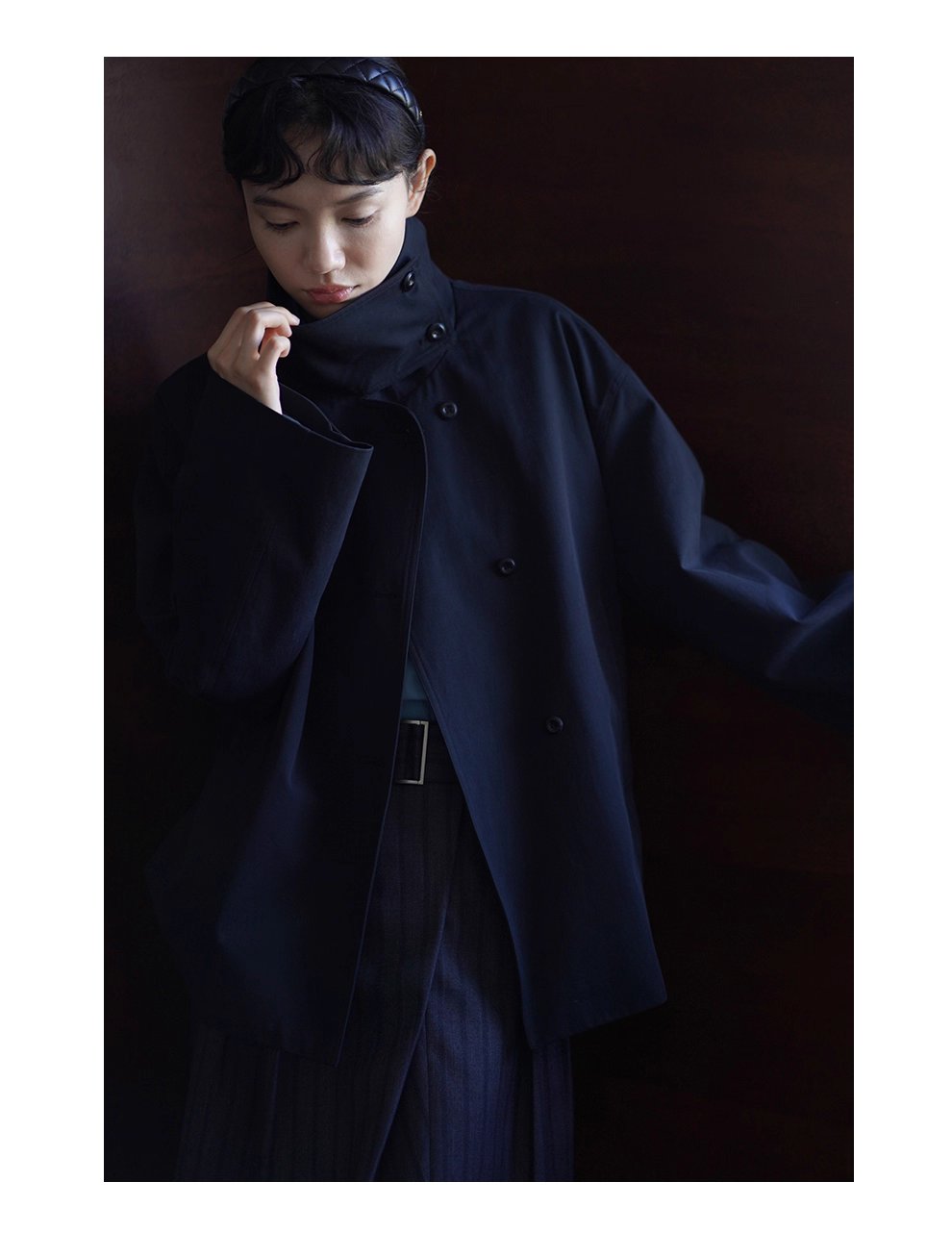 100棉細斜紋挺括水洗廓形立領寬鬆一手長顯瘦風衣外套女