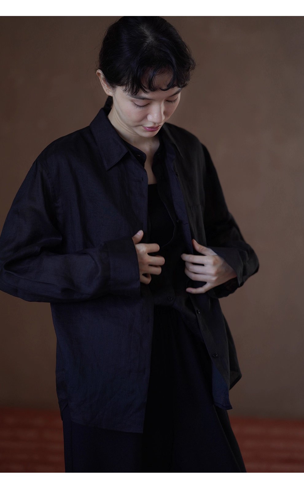 另類通勤設計感假兩件100苧麻挺括疊穿寬鬆顯瘦長袖襯衫