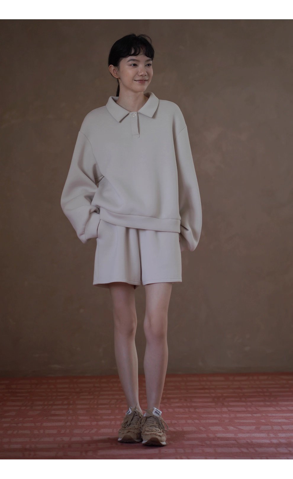 綿軟暖糯衛衣套裝寬鬆落肩Polo領顯瘦上衣鬆緊高腰短褲