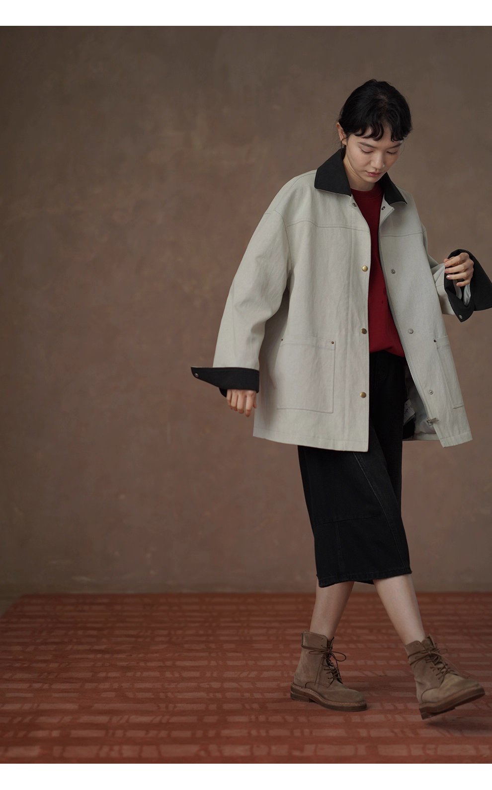 復古工裝健行外套斜紋挺括寬鬆顯瘦撞色翻領一手長風衣