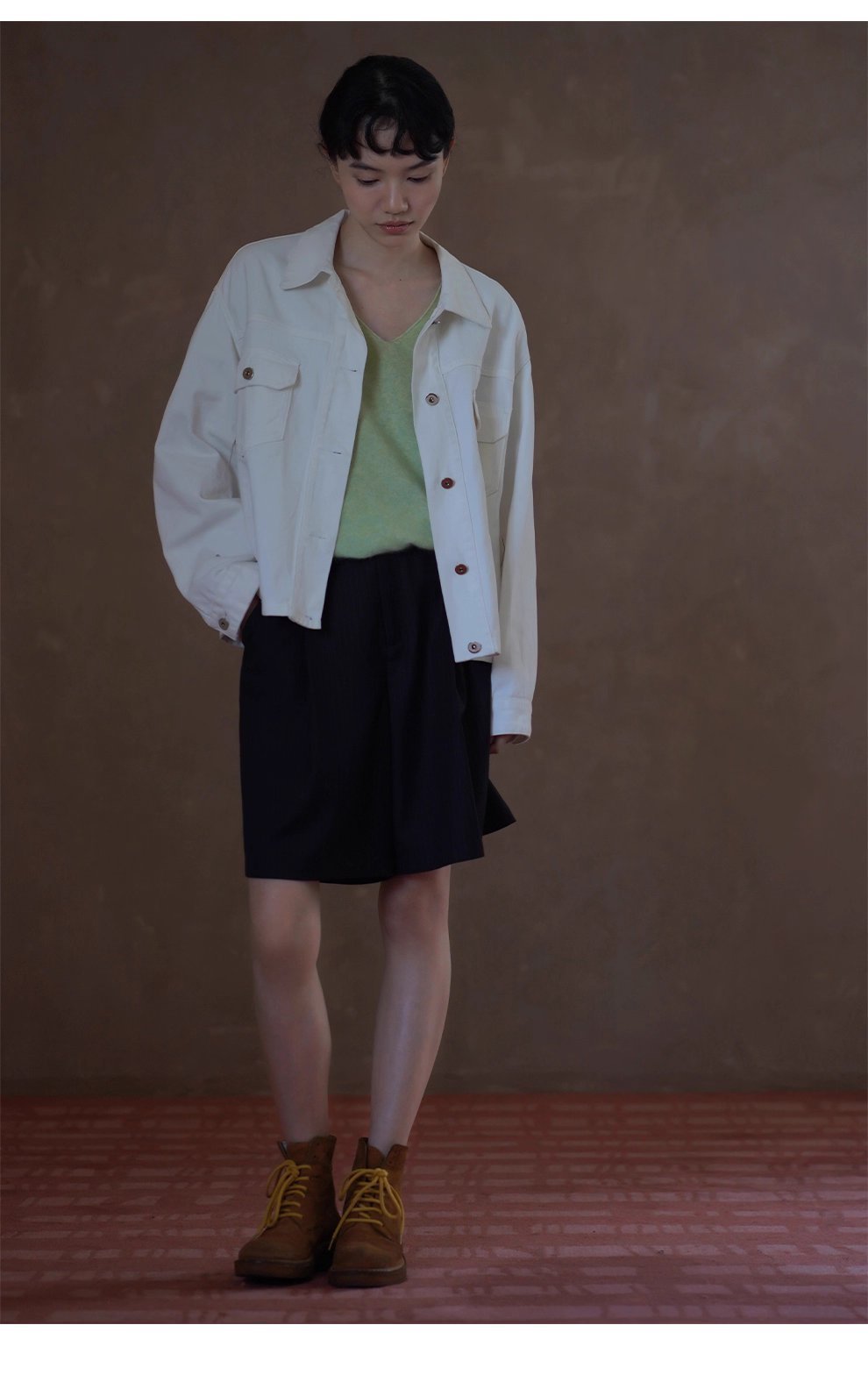 復古工裝立體口袋水洗100棉柔軟斜紋牛仔寬鬆翻領外套女