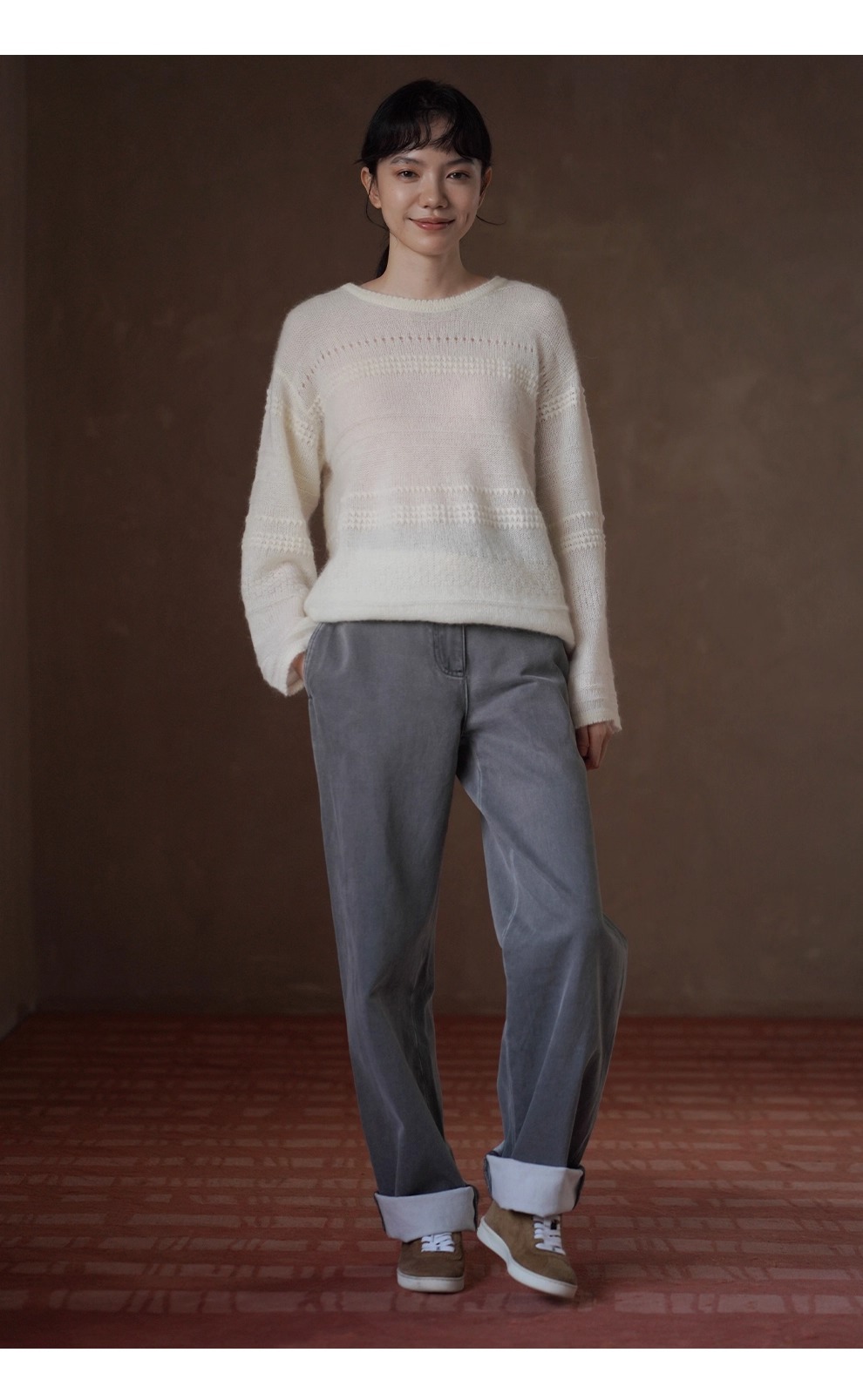 浪漫詩篇唯美重工鉤花馬海毛綿羊毛混紡圓領寬鬆毛衣女