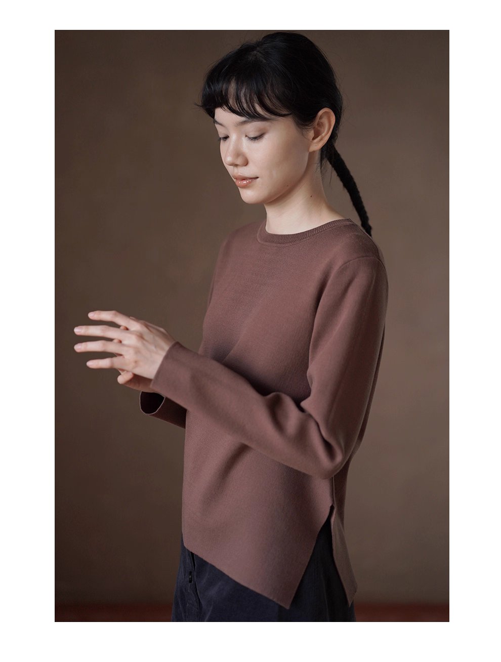 高支萊賽爾混紡親膚緊緻微寬鬆不對稱捏褶腰針織上衣女