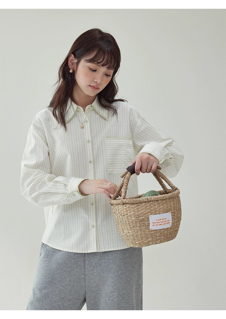 反線條單排扣長袖襯衫女秋季新款polo領寬鬆上衣