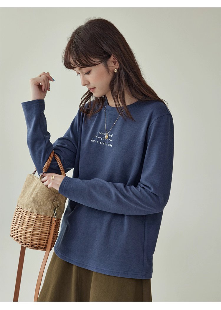日系刺繡圓領雙面絨長袖T恤女秋季新款百搭上衣