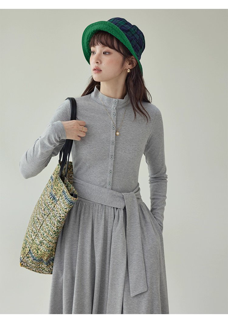 灰色修身高腰綁帶洋裝女秋新款長袖收腰T恤裙