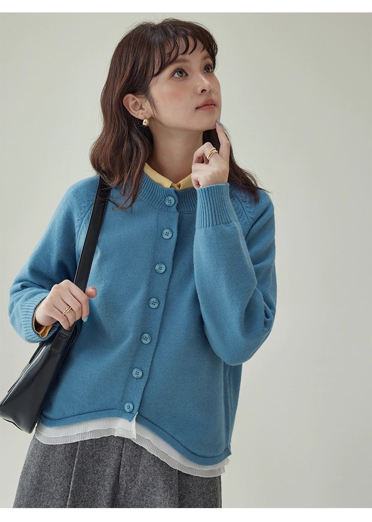 拼接蕾絲下擺藍色針織衫女秋季新款紐帶長袖上衣