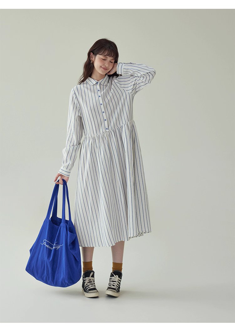 藍條紋娃娃領純棉洋裝女秋新款寬鬆長袖襯衫裙,藍條紋娃娃領純棉洋裝女秋新款寬鬆長袖襯衫裙,HBEW7043,藍條紋娃娃領純棉洋裝女秋新款寬鬆長袖襯衫裙,襯衫洋裝,全棉面料