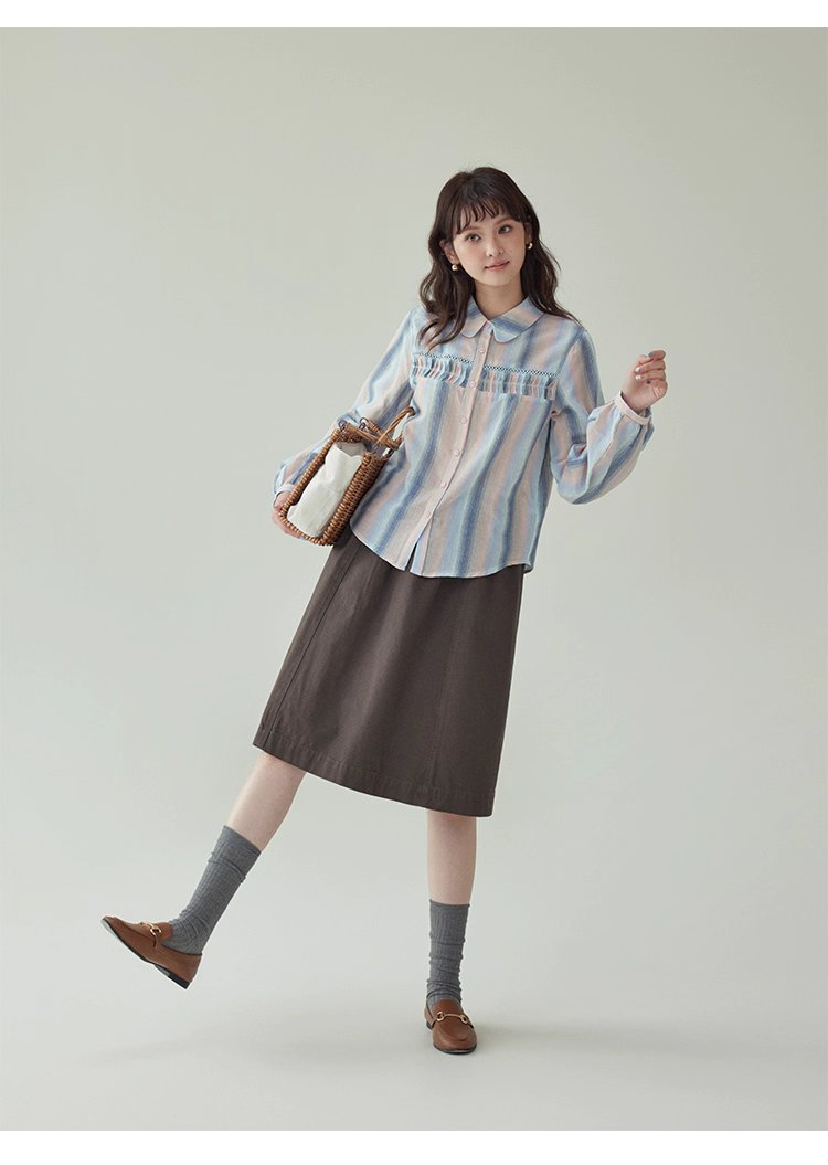 少女感鏤空拼接條紋襯衫女秋季新款純棉長袖上衣