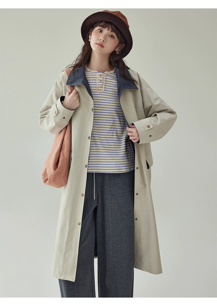 日系純色立領長風衣外套女秋新款寬鬆長袖上衣