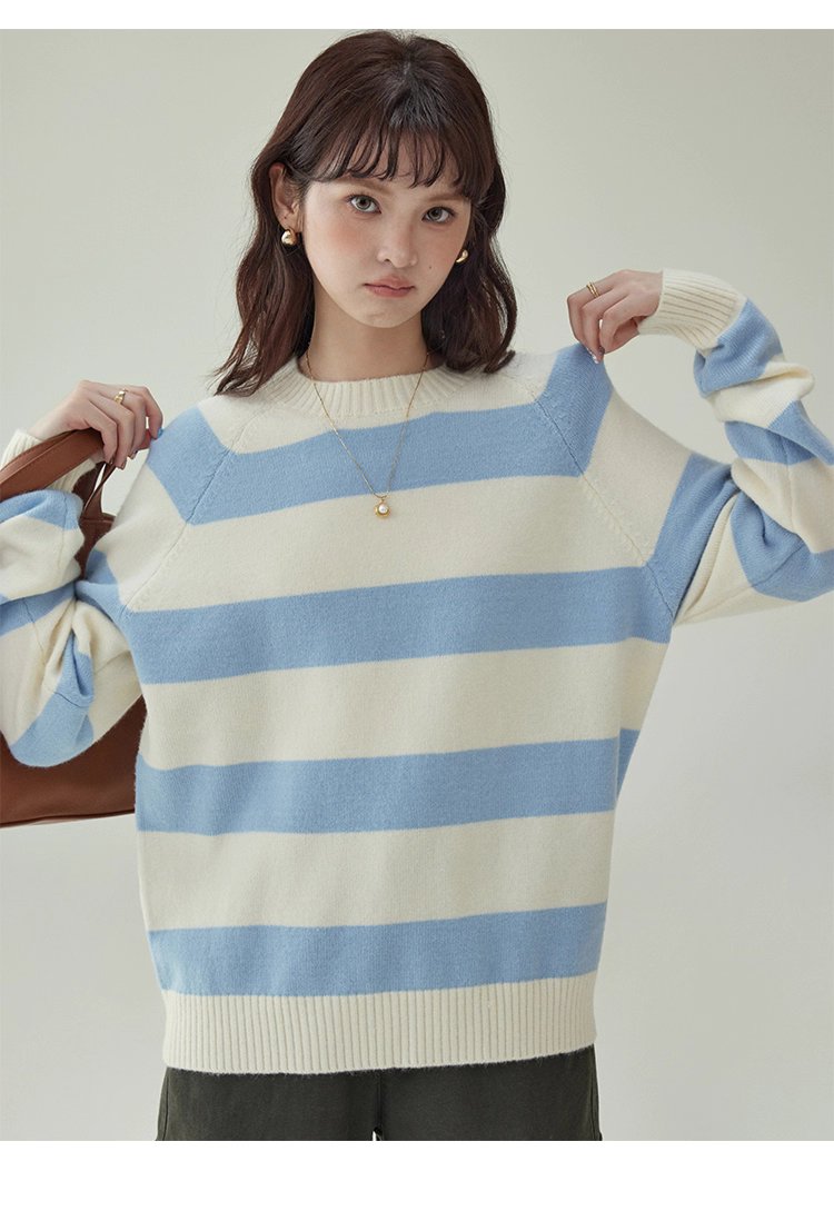 韓國拼色條紋插肩袖毛衣女秋款新款休閒寬鬆上衣