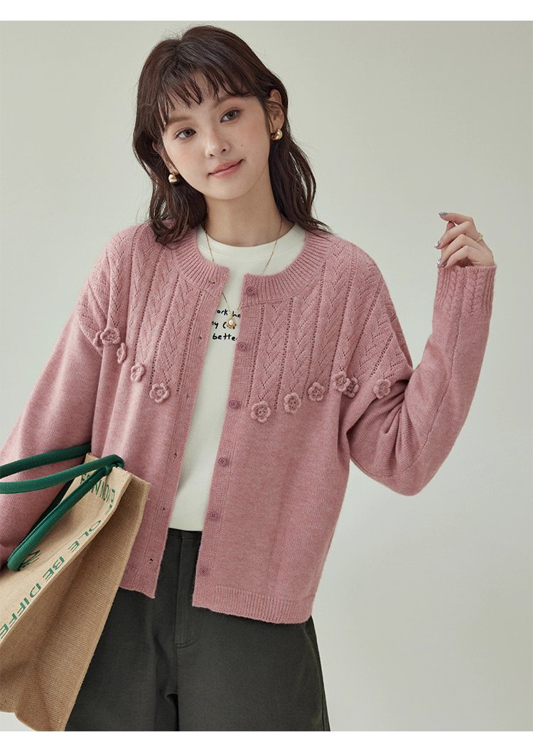 少女感粉紅花朵毛衣開襟女秋季新款寬鬆長袖上衣