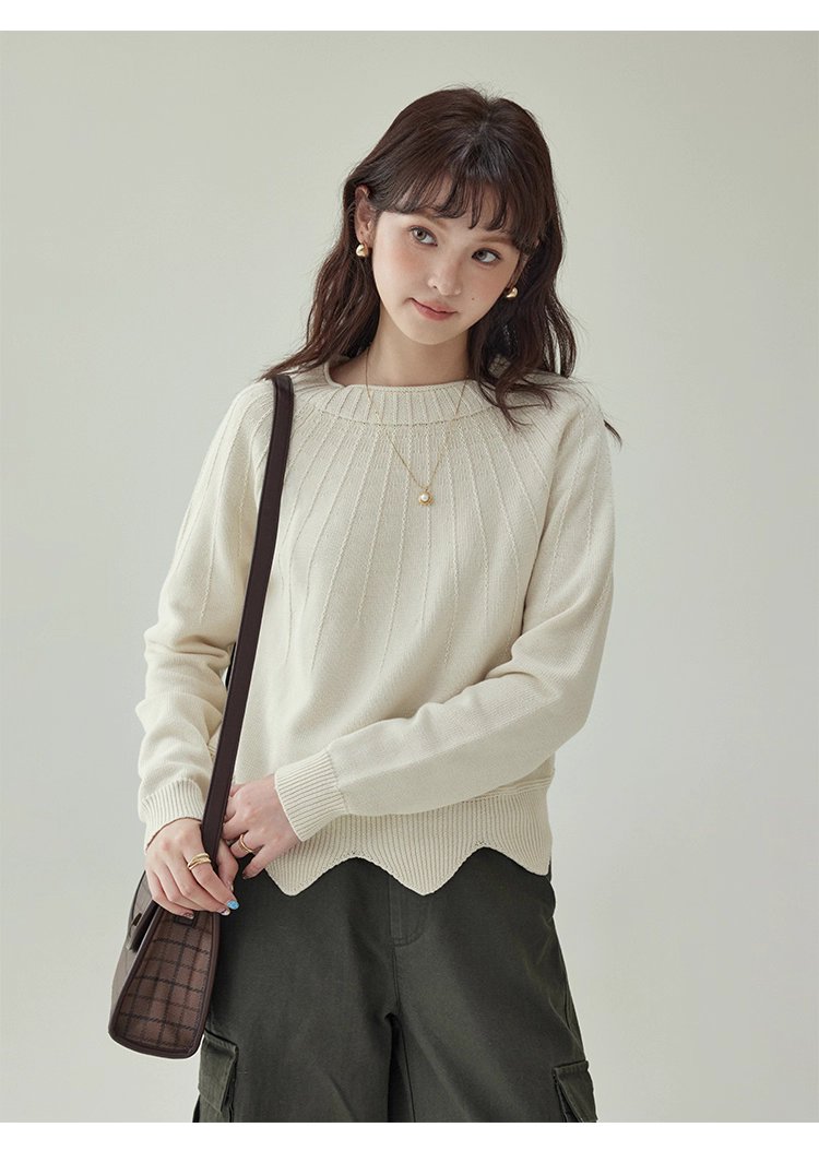 設計感波浪下擺純棉針織衫女秋冬季新款長袖上衣