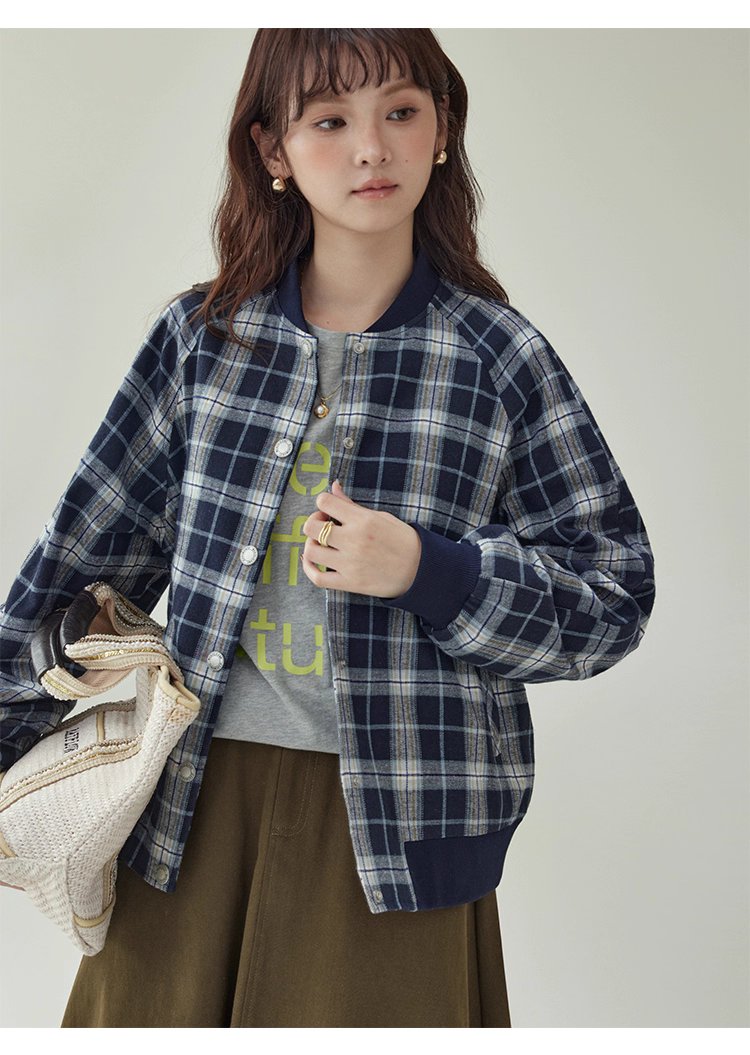 撞色格紋插肩袖摁扣外套女秋季新款長袖外套上衣