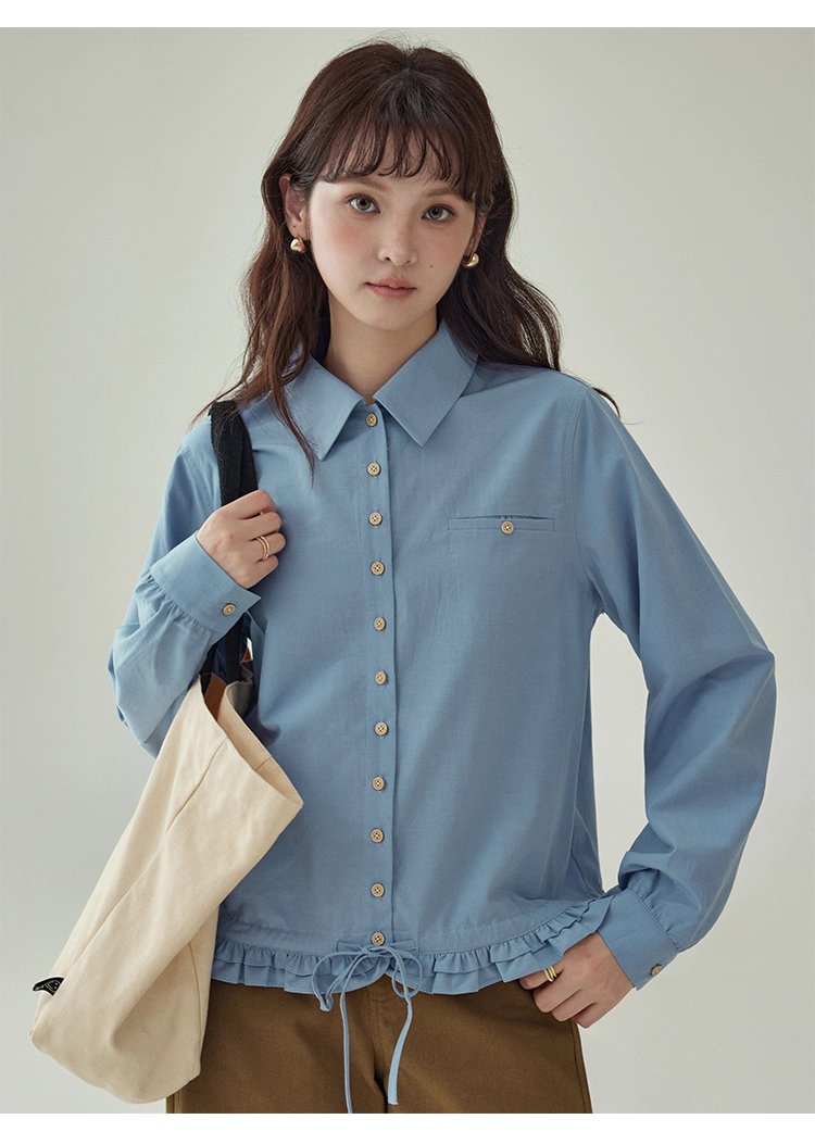 藍色花邊下擺抽繩襯衫女秋季新款單排扣長袖上衣,藍色花邊下擺抽繩襯衫女秋季新款單排扣長袖上衣,HBEW1103,藍色花邊下擺抽繩襯衫女秋季新款單排扣長袖上衣,翻領排扣,天絲混棉