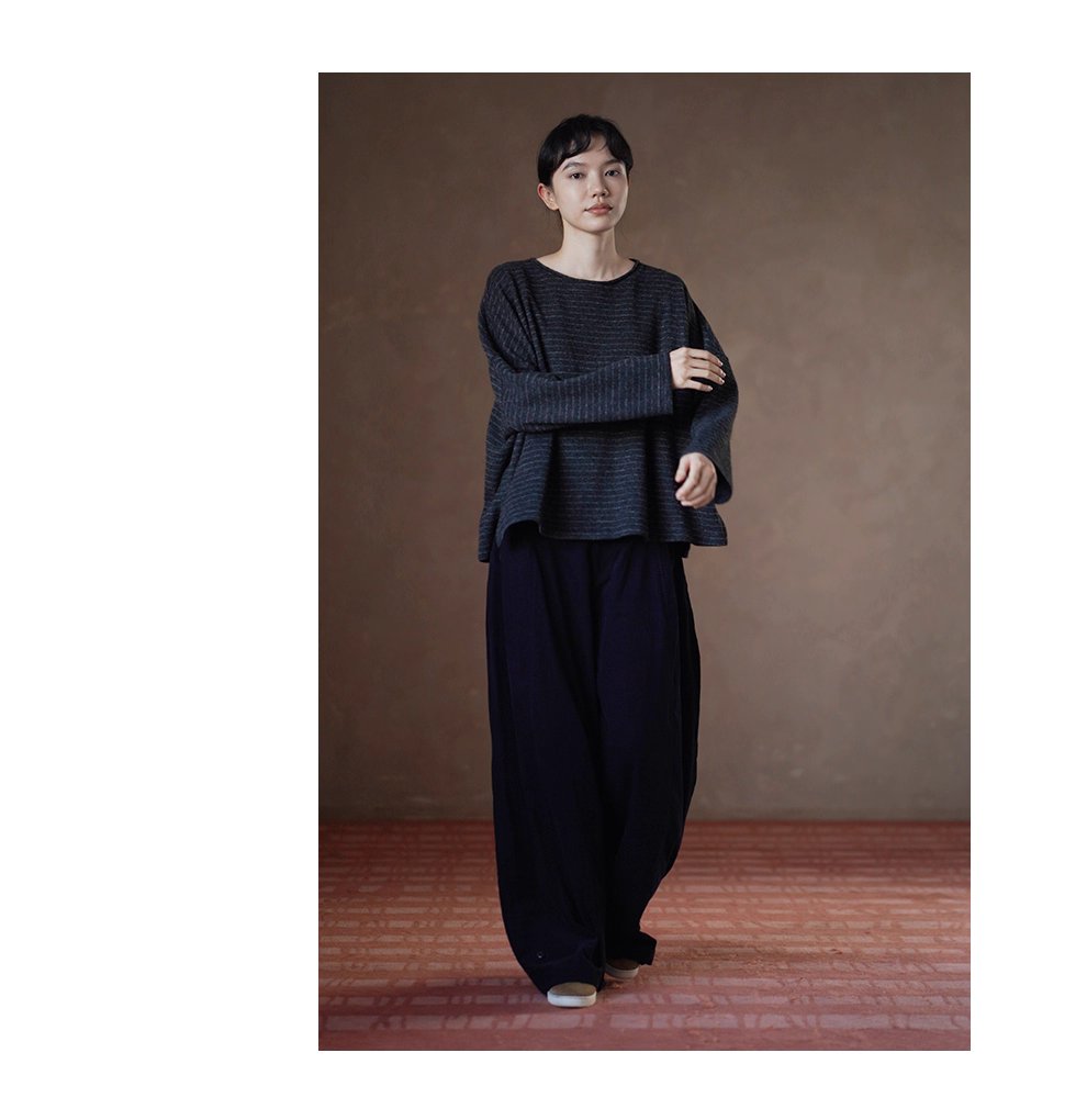 圖紙黑灰白條紋長袖軟糯羊毛混紡基礎寬鬆落肩顯瘦T恤女