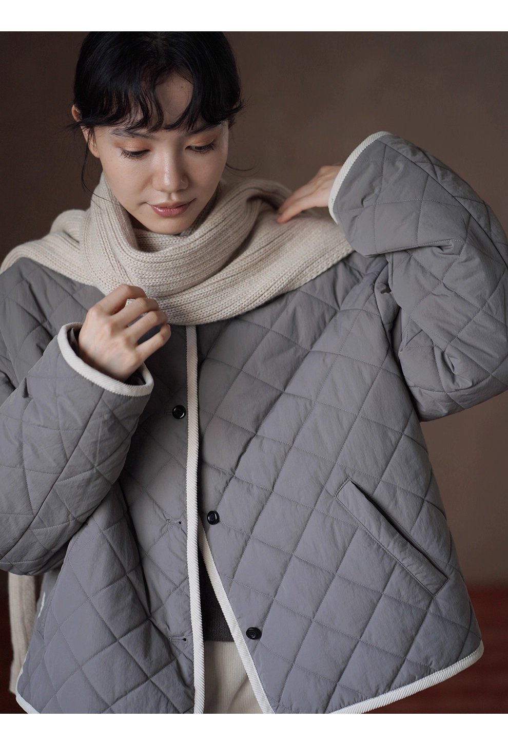 撞色燈芯絨包邊顯瘦菱格絎線寬鬆輪廓顯瘦保暖棉質外套