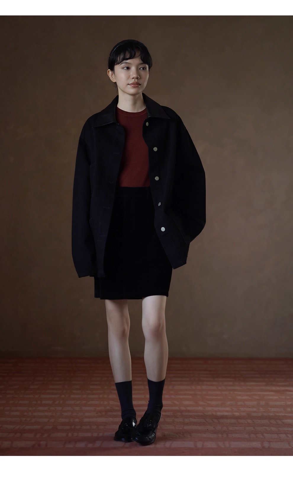 小眾拼接皮領100棉挺括水洗牛仔服一手長顯瘦寬鬆外套女