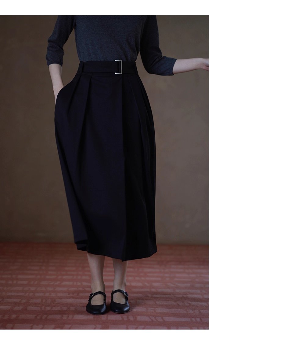 簡約法式高腰中長A字顯瘦通勤不挑人百褶腰帶半身裙女