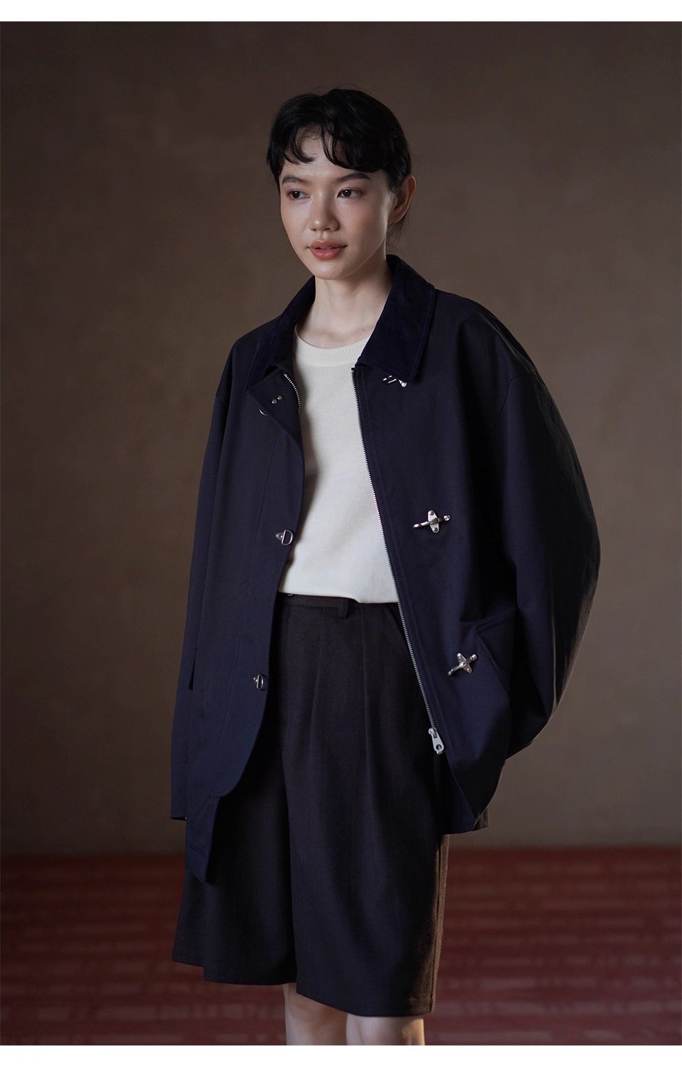 走讀生復古外套小眾飛機扣設計中長款拼接麂皮領口風衣