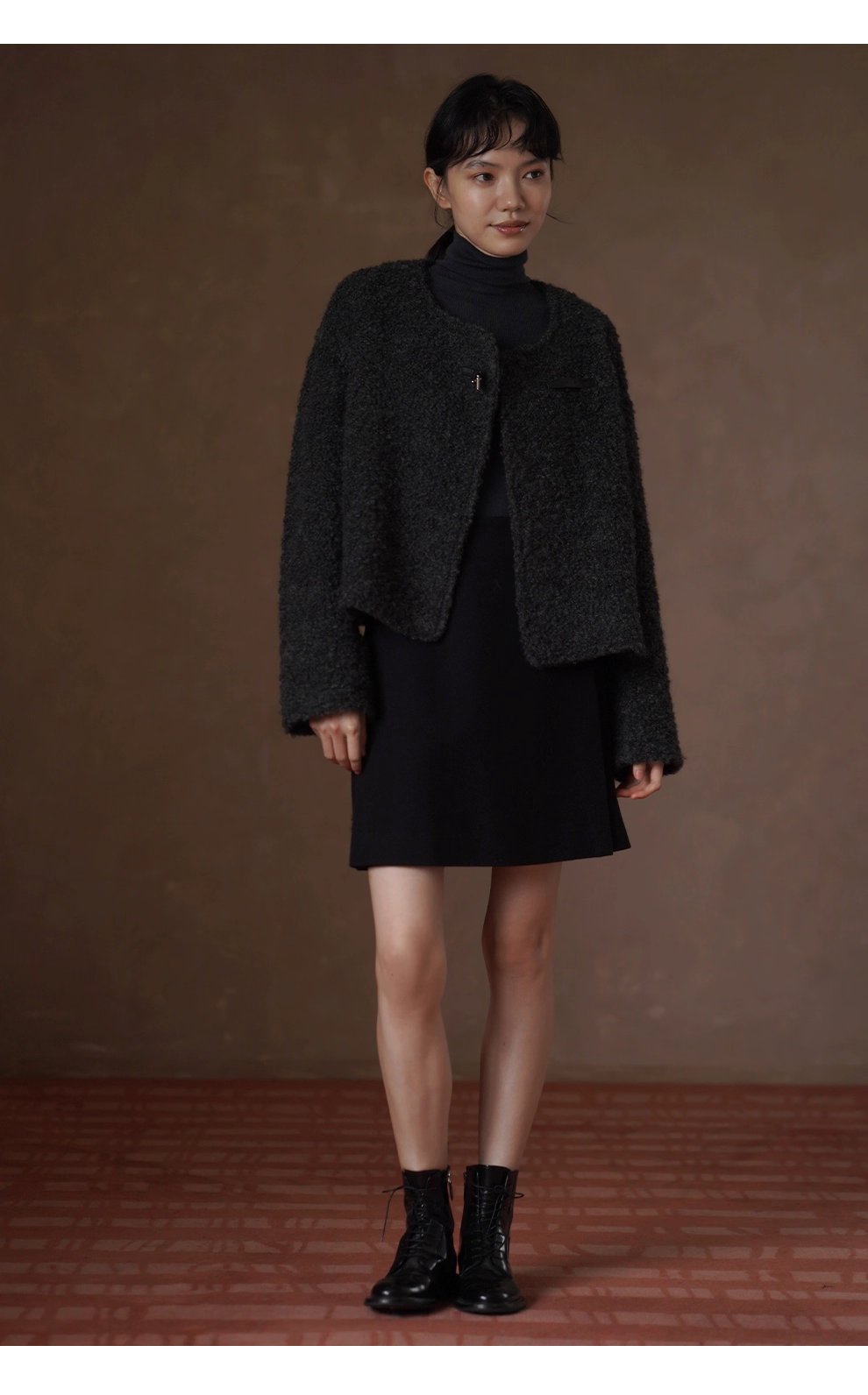 費城外套蓬鬆羊毛圈毛呢料輪廓皮袢圓領通勤顯瘦大衣