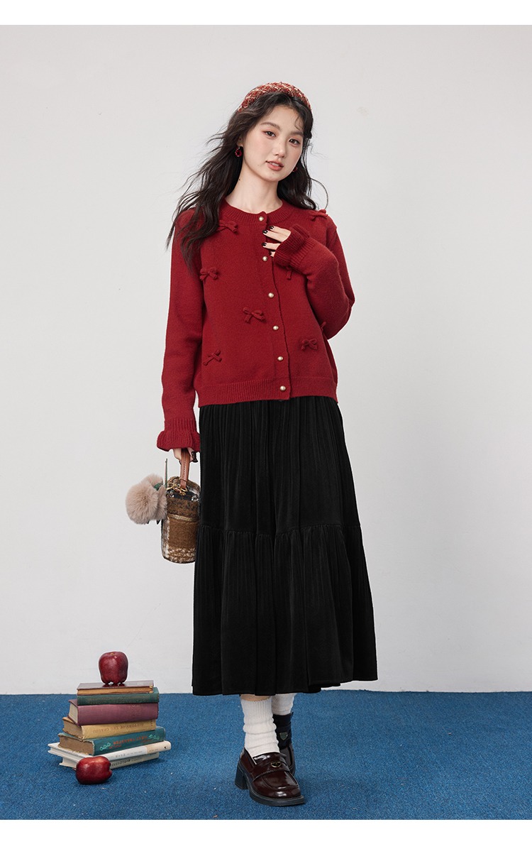 大尺碼胖mm秋冬毛衣開襟外套紅色蝴蝶結針織衫上衣