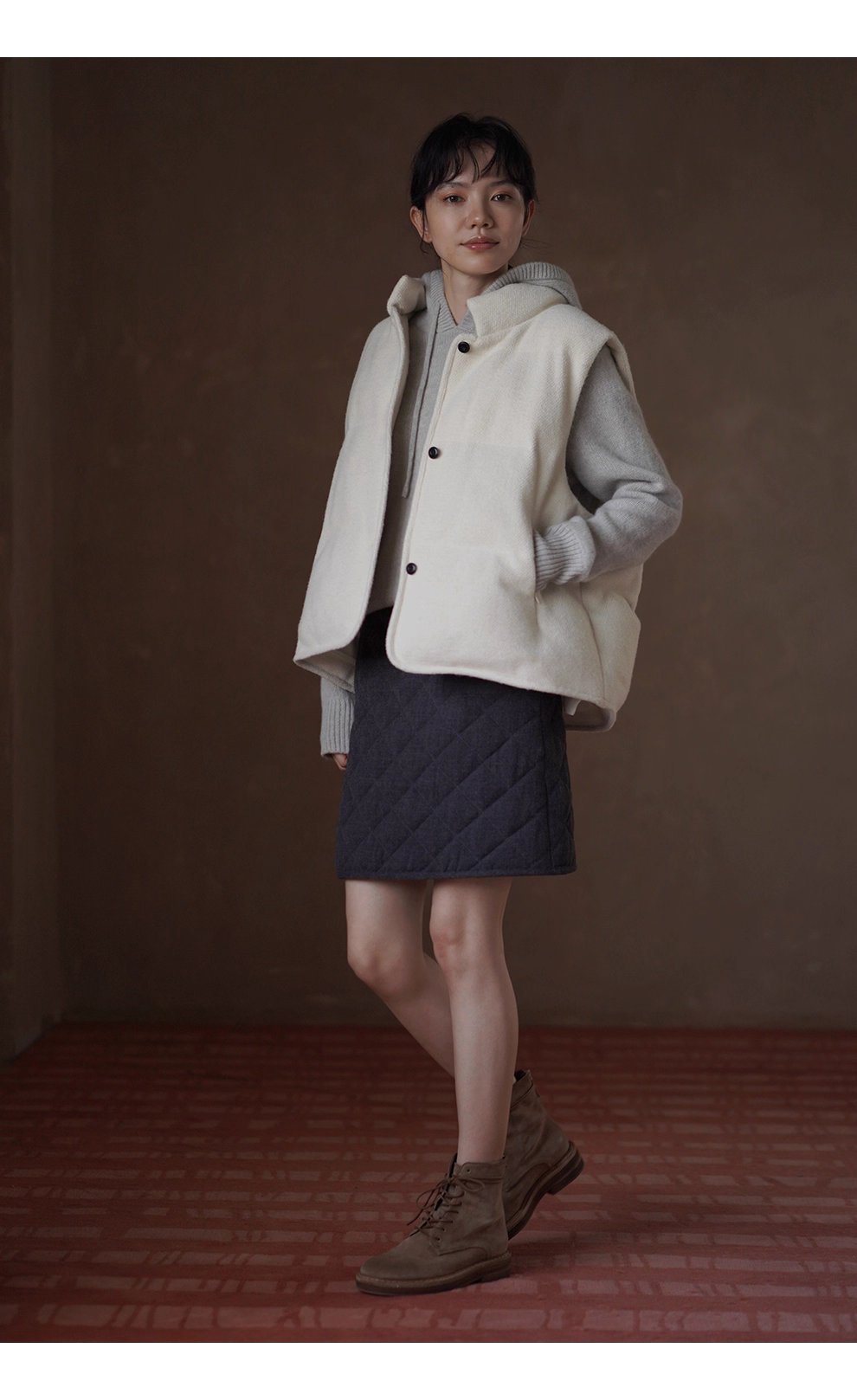 小奶糕自然肌理感綿羊毛混紡寬鬆疊穿簡約立領棉服馬甲