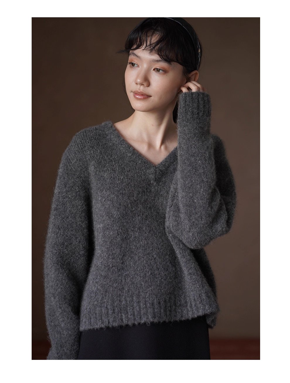 溫柔蓬鬆雜花灰毛衣馬海毛綿羊毛混紡寬鬆V領落肩上衣女