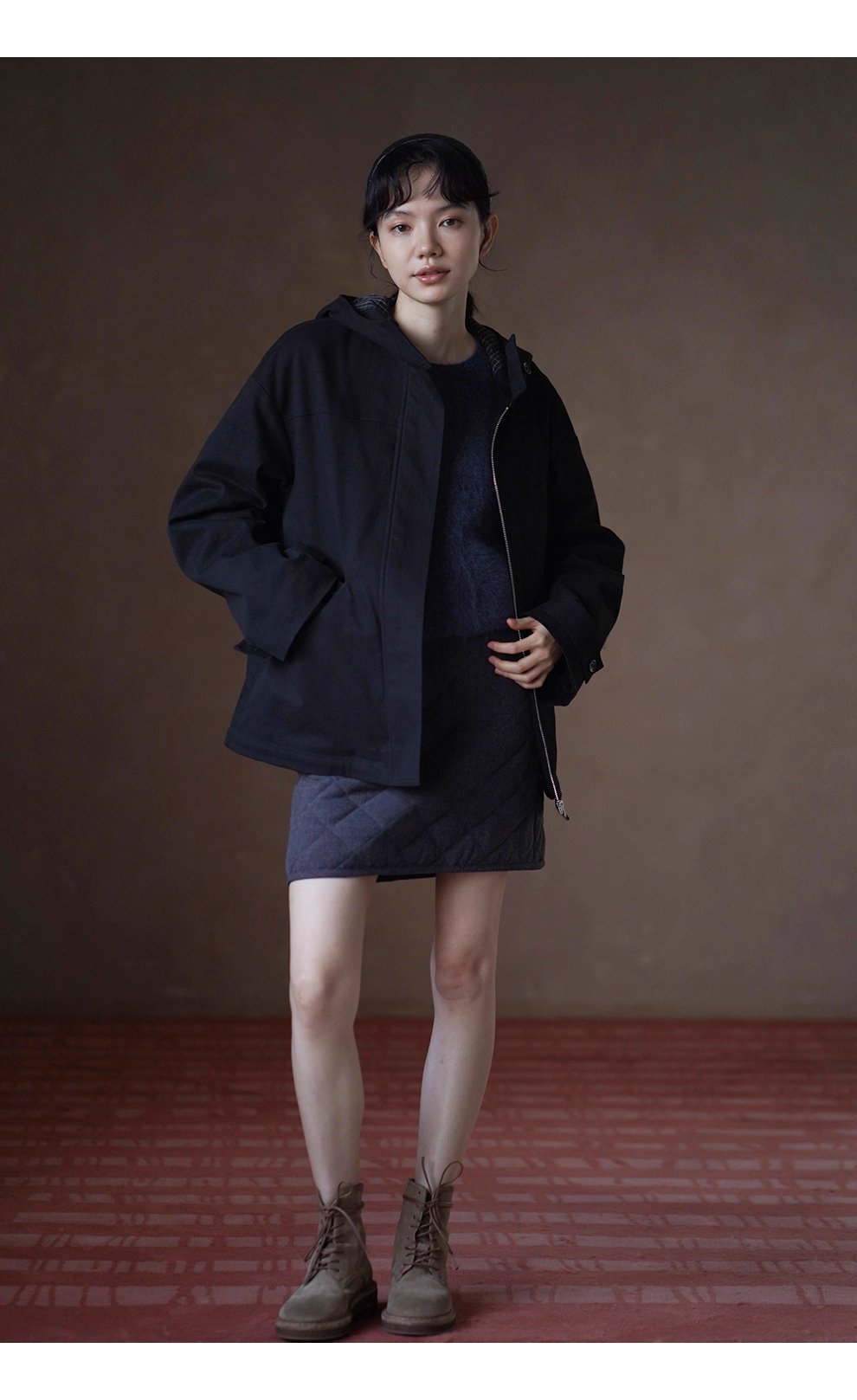 英倫學院撞色格紋連帽搖粒絨內裡加厚一手長夾克外套女