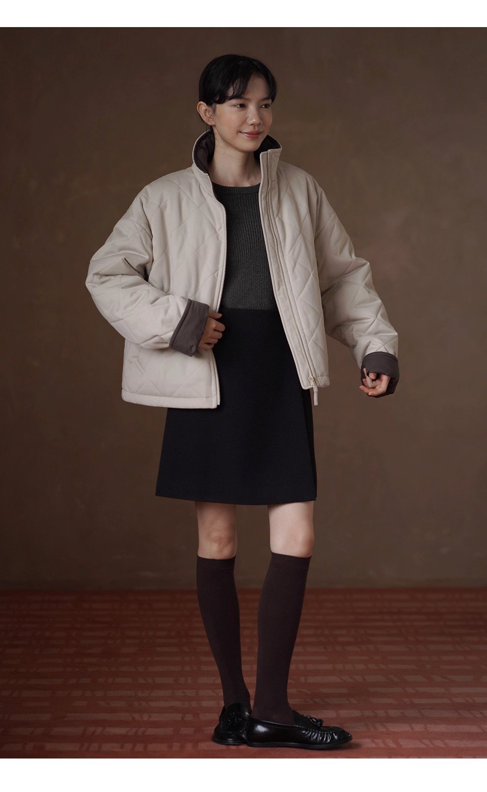 從容冬日保暖棉服立領廓形菱格絎線夾棉撞色顯瘦外套女