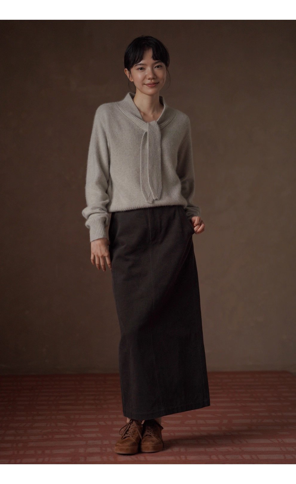 靜謐月光羊毛柔和混紡紗線領結設計感坑條顯瘦寬鬆毛衣