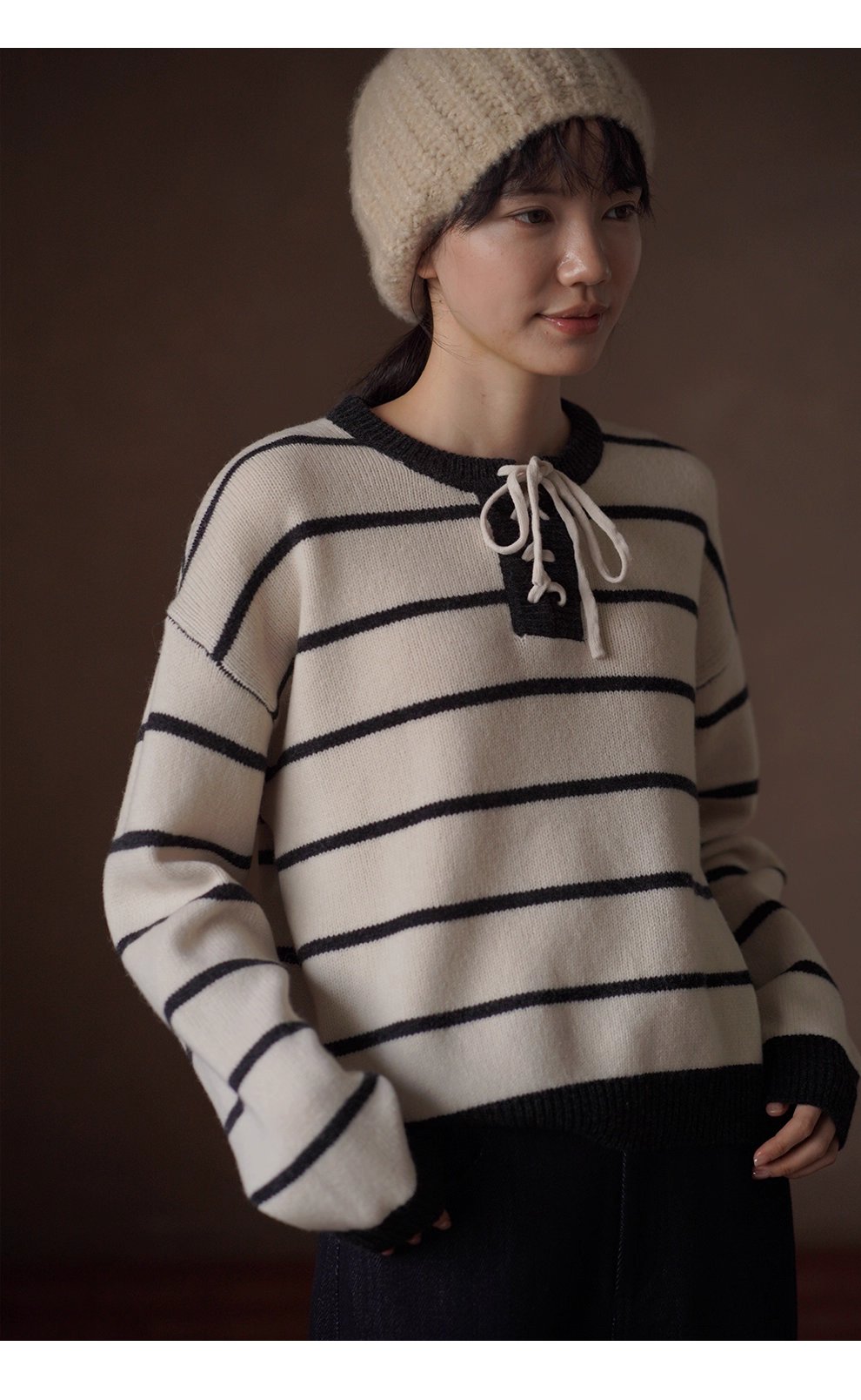 復古水手條紋上衣軟糯100羊毛綁帶門襟設計寬鬆顯瘦毛衣