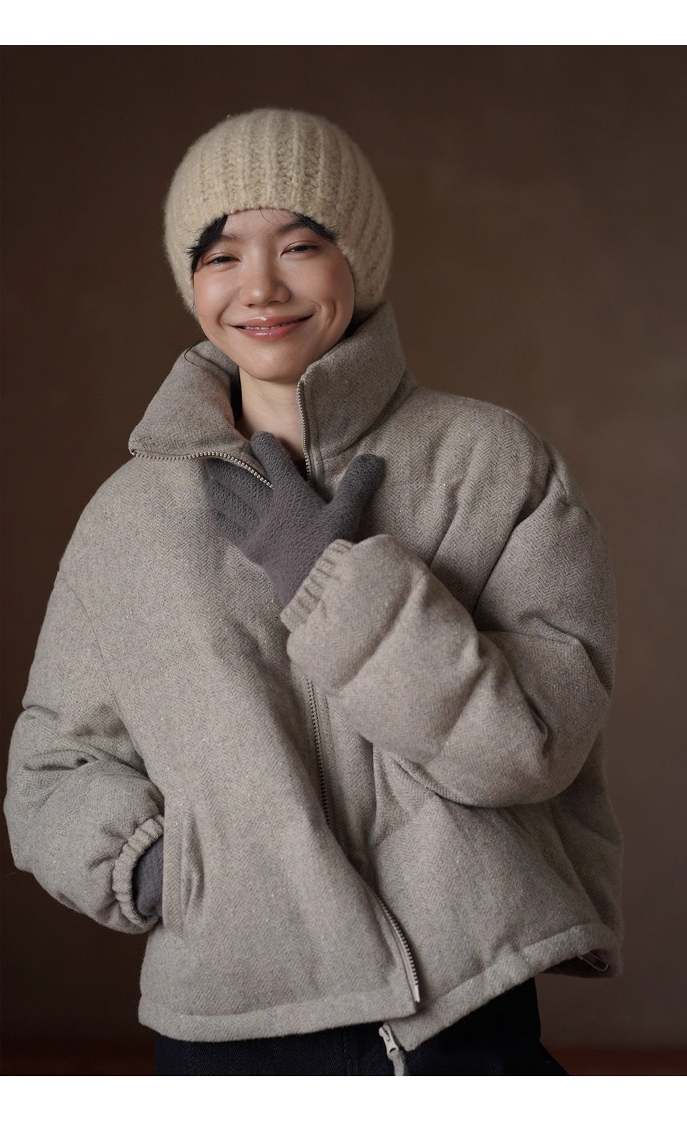 冬日盧森堡保暖外套羊毛夾花人字紋加厚短款休閒棉服女