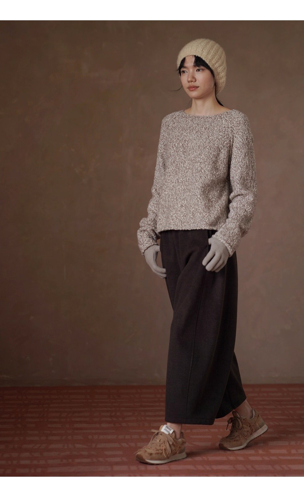 拉花肌理感雜色羊毛豆豆紗寬鬆顯瘦船領休閒捲邊毛衣女