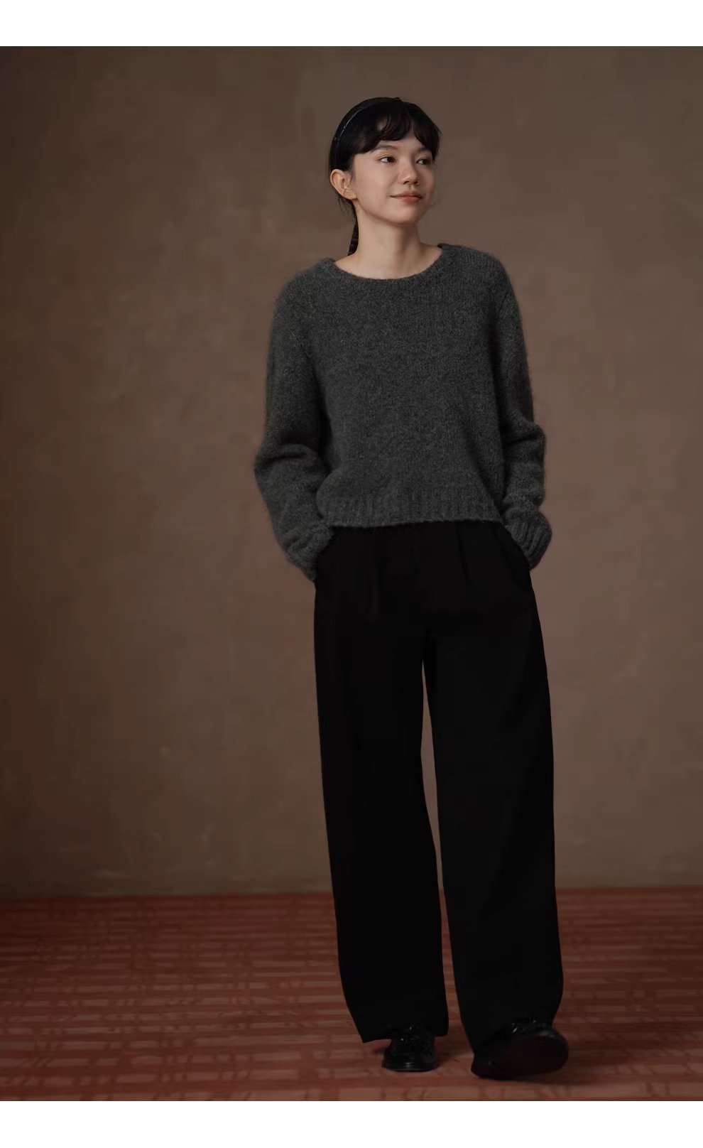 蓬鬆百分百水洗拉毛工藝羊毛馬海毛混紡圓領寬鬆毛衣女