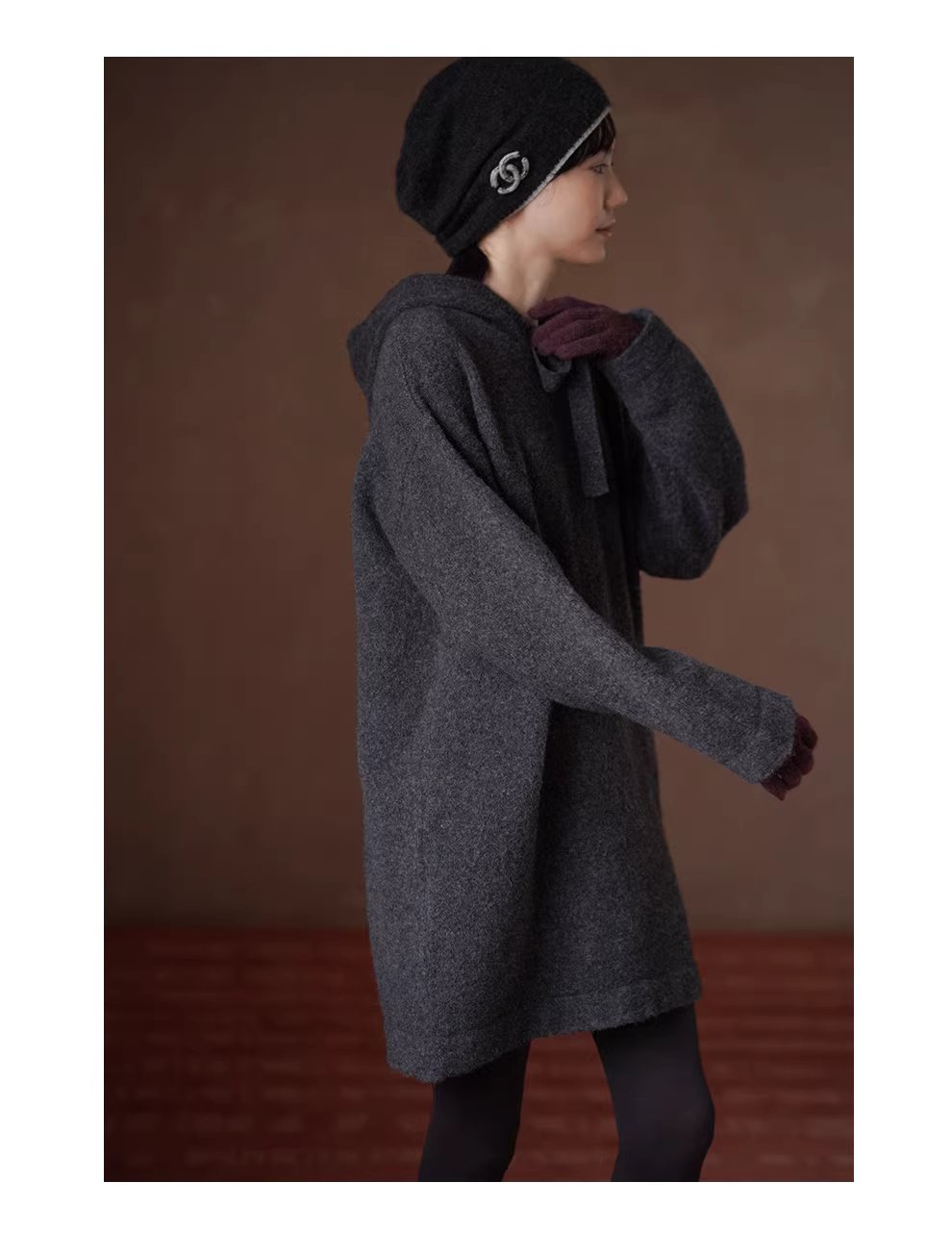 柔軟蓬鬆水洗拉毛工藝羊毛混紡連帽寬鬆顯瘦針織洋裝