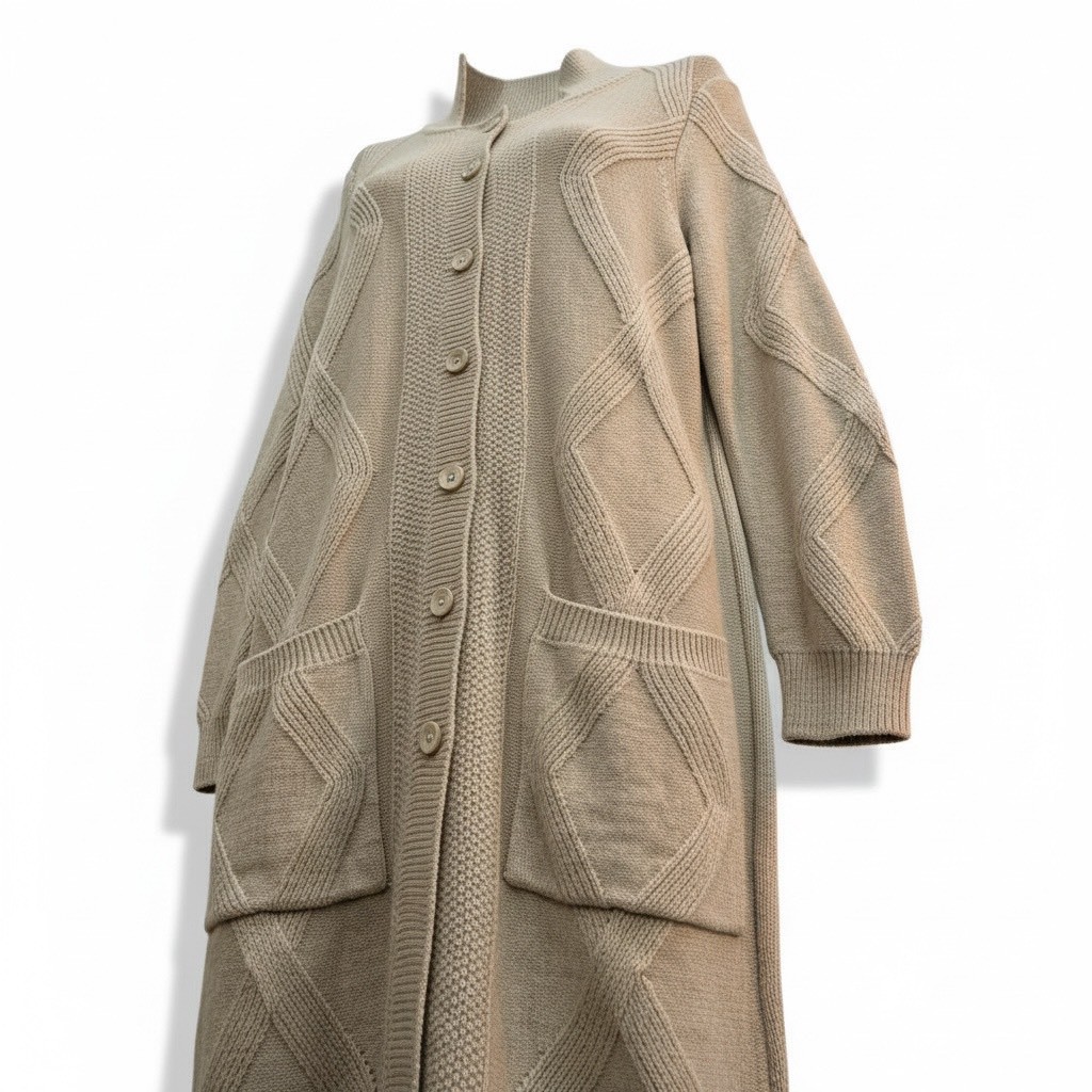 立領排扣菱格紋長款開衫針織外套,立領排扣菱格紋長款開衫針織外套,5W165019,立領排扣菱格紋長款開衫針織外套,排釦開衫,長款針織