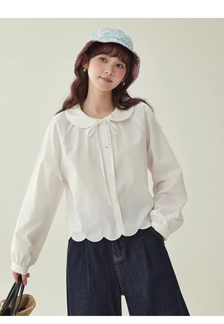 少女感蕾絲娃娃領襯衫女25冬季新款白色長袖上衣,HBEW1142,少女感蕾絲娃娃領襯衫女25冬季新款白色長袖上衣,娃娃領,花瓣衣襬,細節滿分