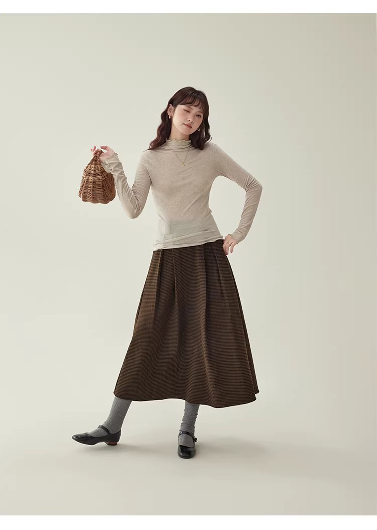 復古壓褶格紋高腰半身裙女25冬季新款a字中長裙,復古壓褶格紋高腰半身裙女25冬季新款a字中長裙,HBEW2031,復古壓褶格紋高腰半身裙女25冬季新款a字中長裙,復古格紋,高腰壓摺