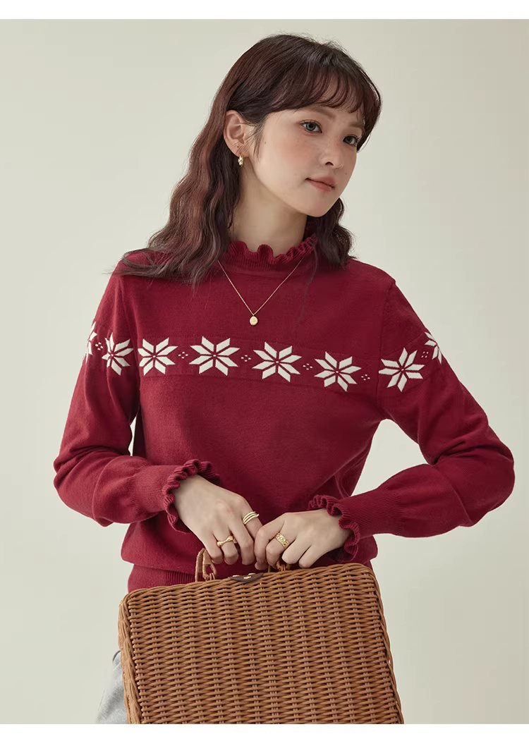 減齡紅色木耳邊雪花針織衫女冬新款內搭長袖上衣,減齡紅色木耳邊雪花針織衫女冬新款內搭長袖上衣,HBEW1152,減齡紅色木耳邊雪花針織衫女冬新款內搭長袖上衣,木耳邊,雪花針織