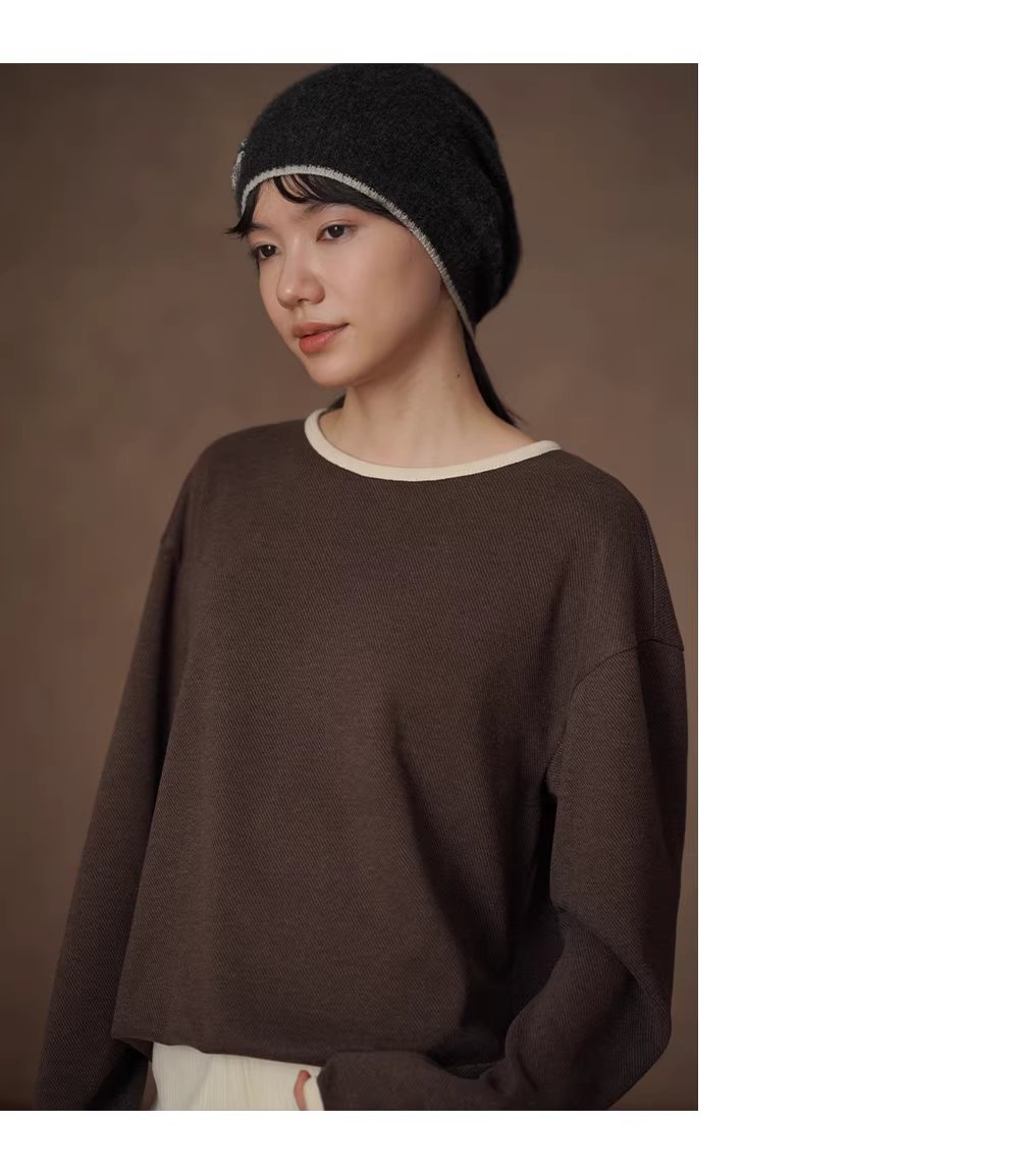 復古撞色織帶拼接抗皺易打理斜紋肌理感寬鬆藏肉上衣女,復古撞色織帶拼接抗皺易打理斜紋肌理感寬鬆藏肉上衣女,HBEW1168,復古撞色織帶拼接抗皺易打理斜紋肌理感寬鬆藏肉上衣女,撞色領口,抗皺面料