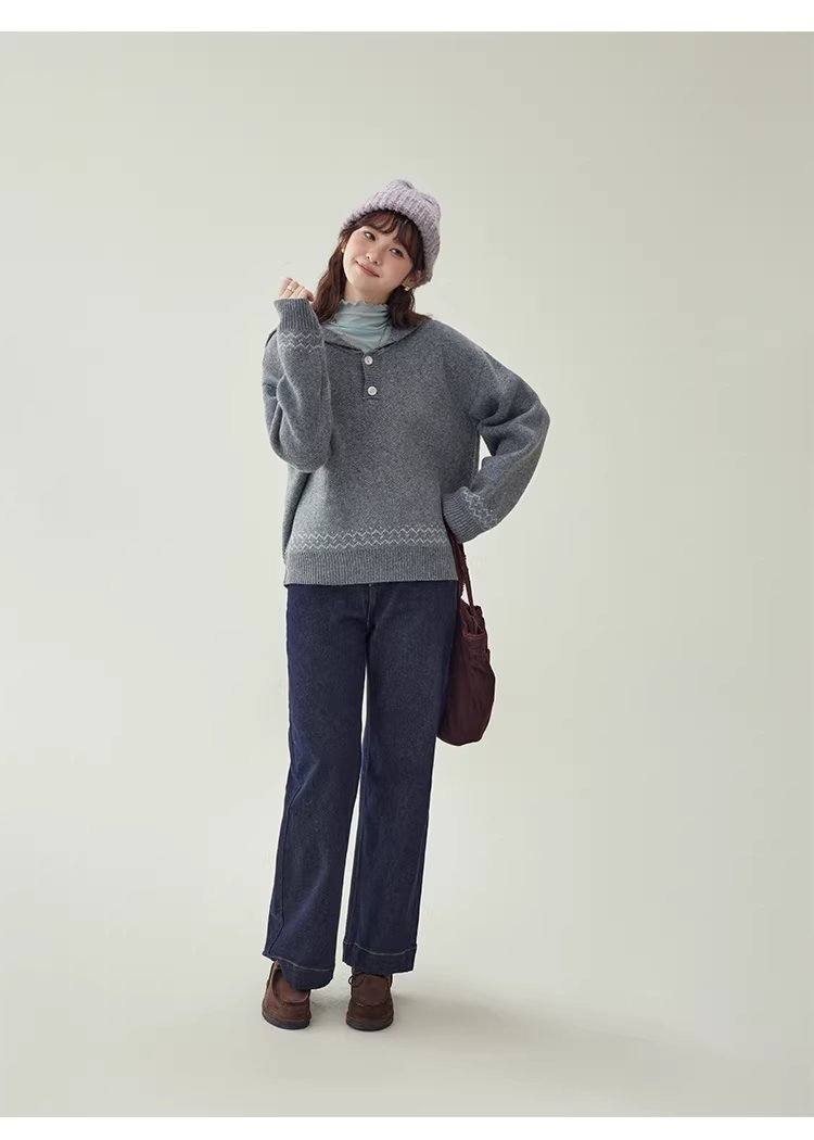 灰色提花海軍領毛衣女冬新款費爾島寬鬆長袖上衣,灰色提花海軍領毛衣女冬新款費爾島寬鬆長袖上衣,HBEW1191,灰色提花海軍領毛衣女冬新款費爾島寬鬆長袖上衣,海軍領,費爾島圖騰