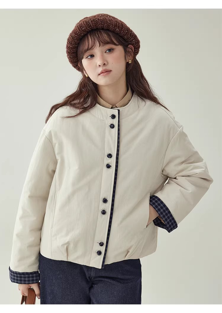 撞色單排扣落肩長袖保暖棉服外套女冬季寬鬆圓領上衣,撞色單排扣落肩長袖保暖棉服外套女冬季寬鬆圓領上衣,HBEW5129,撞色單排扣落肩長袖保暖棉服外套女冬季寬鬆圓領上衣,圓領排扣,格紋拼接