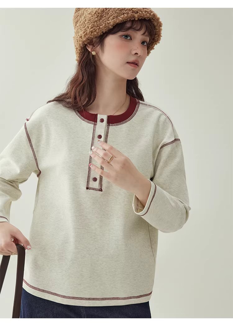 撞色反線落肩袖T恤女冬季新款半開扣圓領上衣,撞色反線落肩袖T恤女冬季新款半開扣圓領上衣,HBEW1192,撞色反線落肩袖T恤女冬季新款半開扣圓領上衣,半開排扣,舒適面料